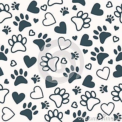 Seamless pattern with paw and heart prints. Animal footprint background Vector Illustration