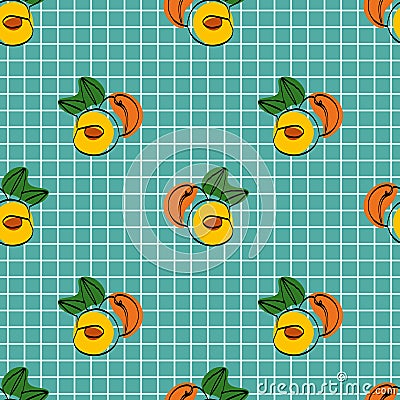 Seamless pattern with peach on blue background. Continuous one line drawing peach. Black line art on blue background with colorful Vector Illustration