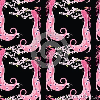 Seamless pattern of peacocks on flowering tree branch Vector Illustration