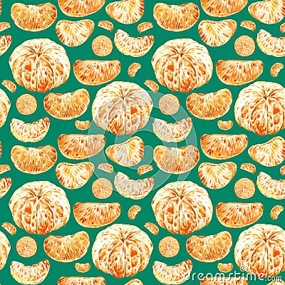 Seamless pattern of peeled tangerine and slices isolated on green background. Watercolor illustration. Stock Photo