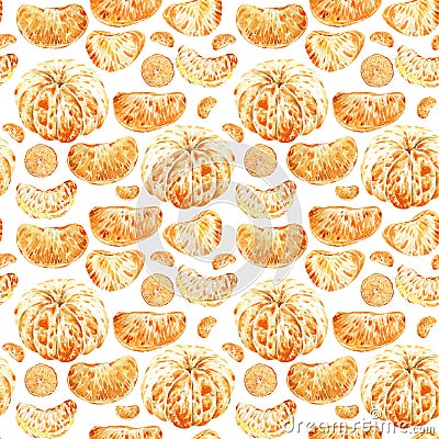 Seamless pattern of peeled tangerine and slices isolated on white background. Watercolor illustration. Stock Photo