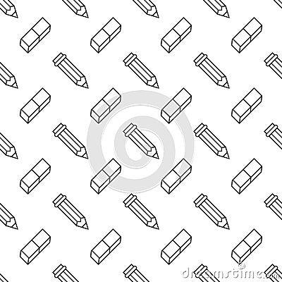 Seamless pattern with pencil, eraser line icons. Work tools background, writing illustration. Black white wallpaper for Vector Illustration