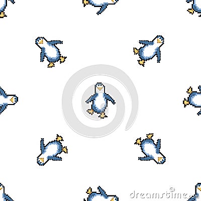 Seamless pattern with penguins. Cute pixel penguins. 8 bit vector illustration. Winter animals pattern. Vector Illustration