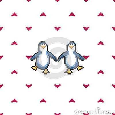Seamless pattern with penguins in love. Cute pixel penguins. 8 bit vector illustration. Winter animals pattern. Vector Illustration