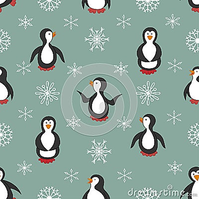 Seamless pattern. Penguins and snowflakes. Vector Illustration