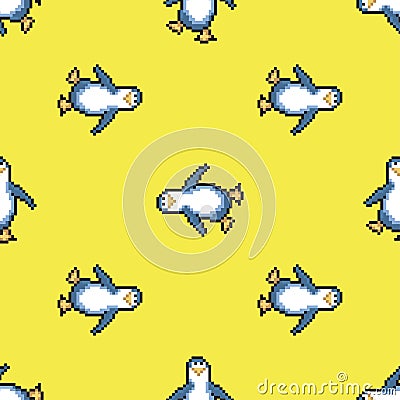 Seamless pattern with penguins on yellow background. Cute pixel penguins. 8 bit vector illustration. Winter animals pattern. Vector Illustration