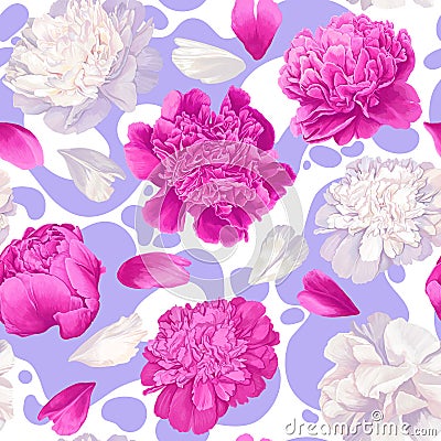 Floral seamless pattern with pink and white peonies on substrate with purple spots. Vector Illustration