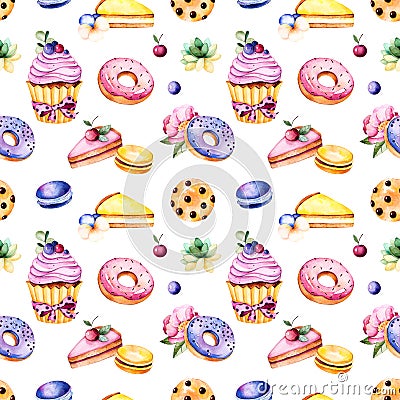 Seamless pattern with peony flower,leaves,succulent plant,tasty cupcake,pansy flower,macaroons,donuts,cookies,lemon and cherry che Stock Photo