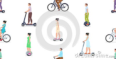 Seamless pattern with People Driving Different Electric Transport Vector Illustration