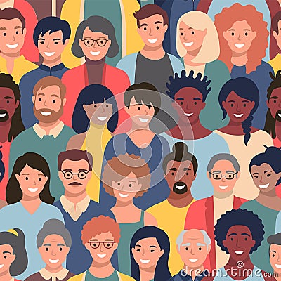 Seamless pattern with people faces of different ethnicity and ages. Parade or meeting crowd, men and women various Vector Illustration