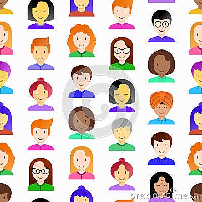 Seamless pattern with people flat icons: smiling cartoon male and female heads. Avatars of people with different races: caucasian Vector Illustration