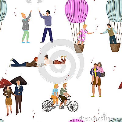 Seamless pattern with people in love. Valentine`s Day. Happy couples with different activities. Vector Illustration