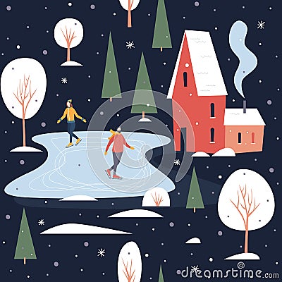 Seamless pattern with people skating. Skaters on a skating rink in a small town covered with snow. Vector Illustration