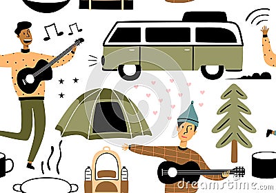 Seamless pattern of people on vacation in the park at a picnic, forest and trees. Colorful sketch cartoon illustration of camping Vector Illustration