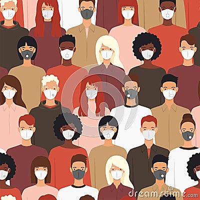 Seamless pattern of people wearing protective medical masks Vector Illustration