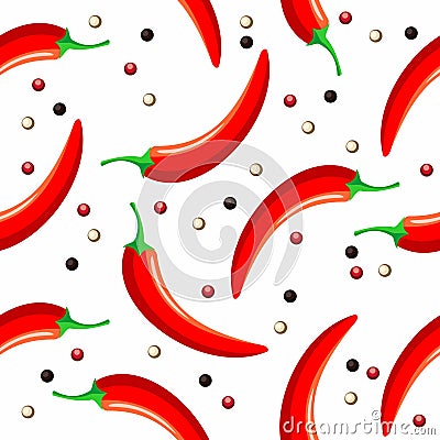 Pattern seamless pattern red chili pepper and peppercorns red, black and white Vector Illustration