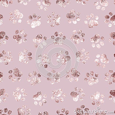 Seamless pattern pet prints. Paw patterns with foil effect. Cute pink marble background. Pastel color. Repeated delicate texture. Vector Illustration