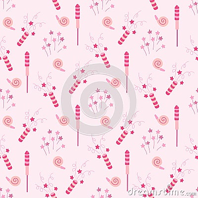 Seamless pattern with petards, firecrackers, birthday whistles and firework with stars. Vector Illustration