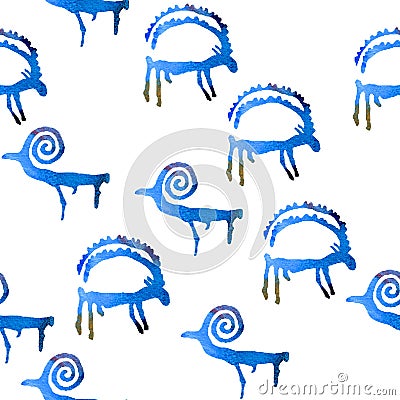 Seamless pattern with petroglyph goats. Stock Photo