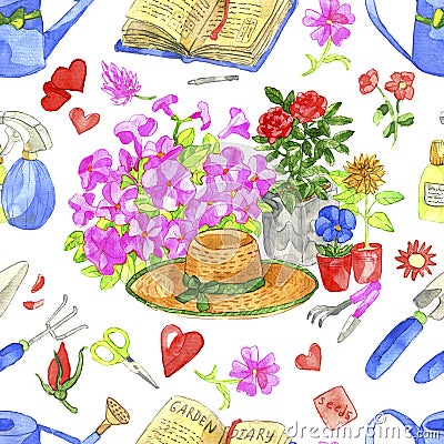 Seamless pattern with petunia, pansy and rose flower, hearts, gardening tools isolated on white Cartoon Illustration