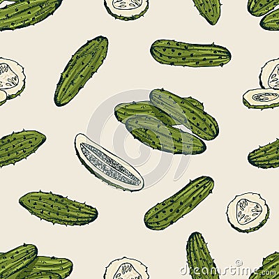 Seamless pattern with pickles or pickled cucumbers. Backdrop with marinated vegetable, delicious vegetarian snack. Hand Vector Illustration