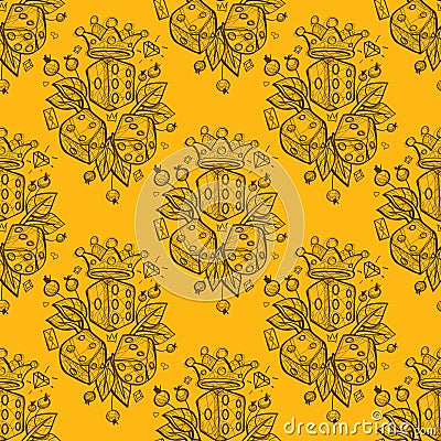 Seamless pattern with a picture of dice, a golden crown and green leaves Vector Illustration