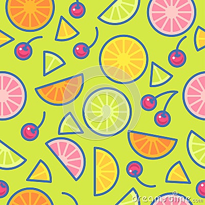 Seamless pattern. Pieces of oranges, limes, lemons and cherries on a green background. Vector Illustration