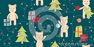 Seamless Christmas pattern with pigs. Vector Illustration