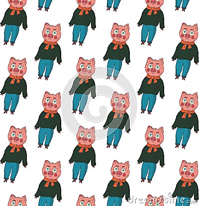 Seamless pattern. Pigs in a sweater, jeans and a scarf on a white background. Vector Illustration