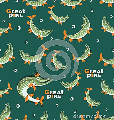 Seamless pattern with pikes. Queen pike. Great pike. Vector Illustration