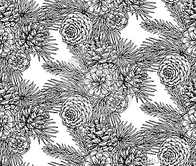 Seamless pattern with pine cones and branches. Vector Illustration