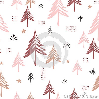 Seamless pattern with pine trees on white background. Stylized forest background. Vector illustration Vector Illustration