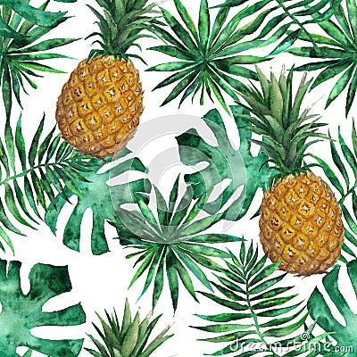 Seamless pattern with pineapple and leaves. Tropical, exotic, fashion. Watercolor Stock Photo