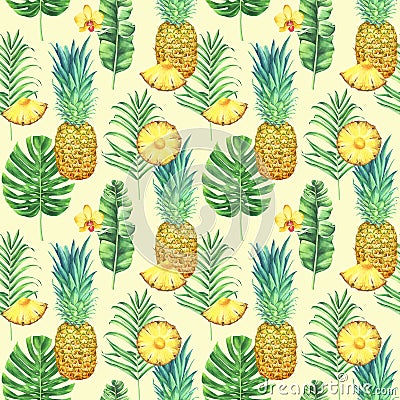 Seamless pattern with pineapples, tropical leaves, and flowers on yellow background. Cartoon Illustration