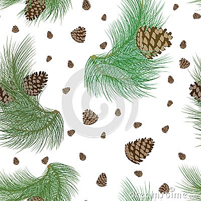 Seamless pattern with pinecones and realistic christmas tree green branches. Fir, spruce design or background for invitation Vector Illustration