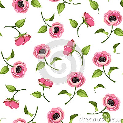 Seamless pattern with pink anemone flowers. Vector illustration. Vector Illustration