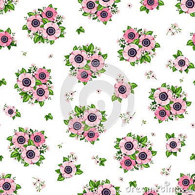 Seamless pattern with pink anemone flowers. Vector illustration. Vector Illustration