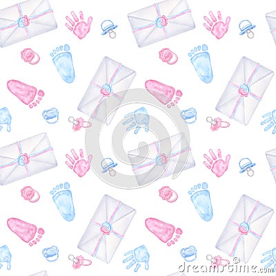 Seamless pattern pink blue baby pacifier, palm, handprint, footprint, envelope. Boy or girl. Hand drawn watercolor Cartoon Illustration