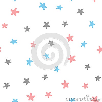 Seamless pattern with pink, blue, dark gray stars on white background. Vector Illustration