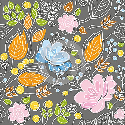 Seamless pattern, pink, blue flowers, orange leaves on a dark gray background. Vector Illustration