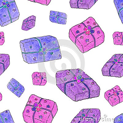 Seamless pattern with pink, blue and purple presents boxes. Watercolor hand drawing sketch illustration on white Cartoon Illustration