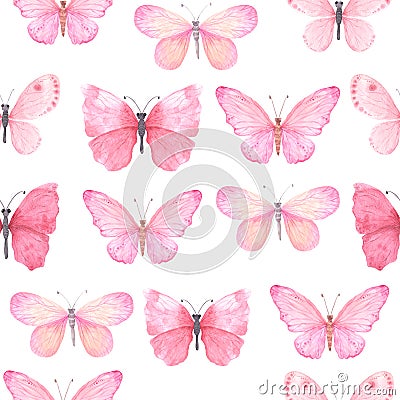 Seamless pattern with pink bright watercolor butterflies Stock Photo