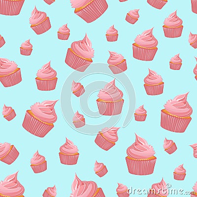 Seamless pattern with pink cupcake on blue background. Vector Illustration