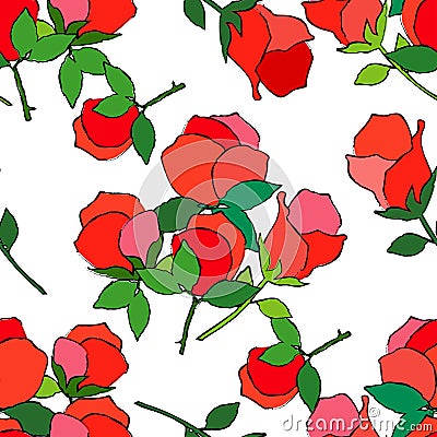 Seamless pattern with pink decorative roses with black stroke on white background. Summer garden. Stock Photo