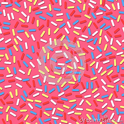 Seamless pattern of pink donut glaze with many decorative sprinkles. Easy to change colors. Design for banner, poster Vector Illustration