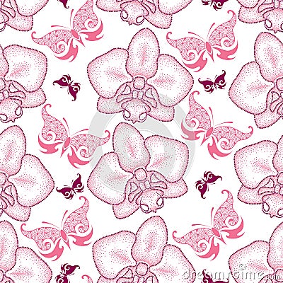 Seamless pattern with pink dotted moth Orchid or Phalaenopsis and ornate butterflies on the white background. Vector Illustration