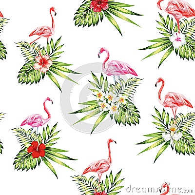 Seamless pattern pink flamingo with flowers and plants white background Vector Illustration