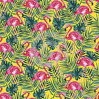 Seamless pattern with pink flamingo and palm leaves on a yellow background. Watercolor illustration. Cartoon Illustration