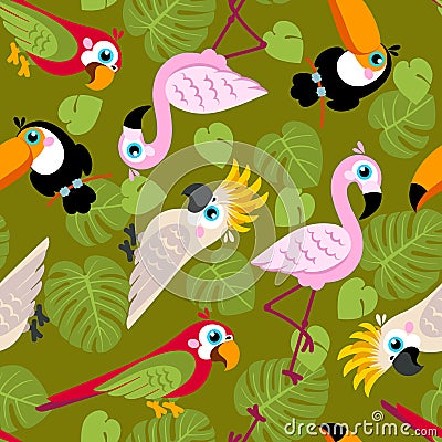 Seamless pattern with pink flamingos, cockatoo parrot, ara, Toucan and green palm leaves. Vector Illustration