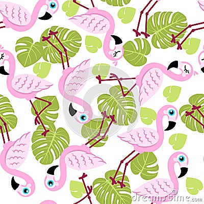 Seamless pattern with pink flamingos and green palm leaves Vector Illustration